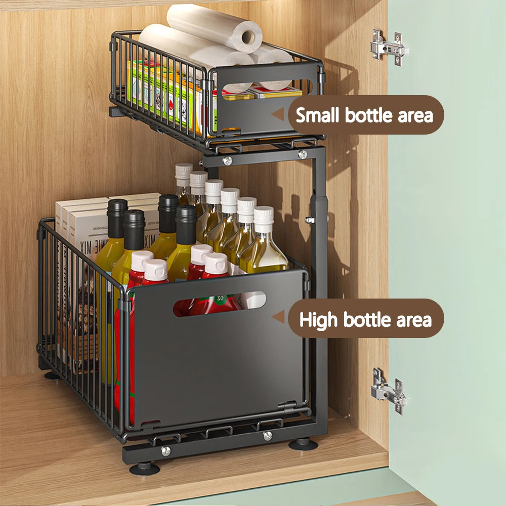 Organizador de gabinete extraíble de 2 niveles, estante de almacenamiento de cocina ajustable, organizador debajo del fregadero, estante de almacenamiento para tarros de especias, cajón deslizante