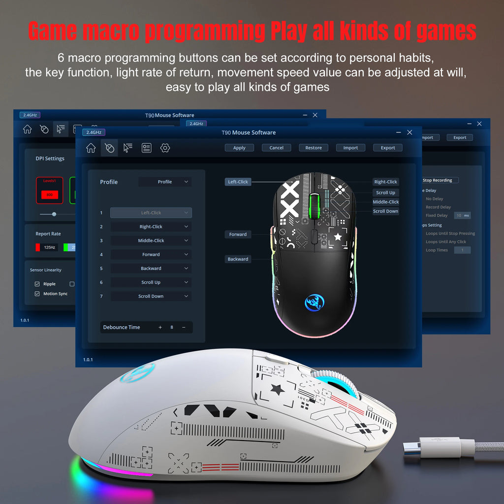 HXSJ-60% Juego de teclado y ratón retroiluminado RGB, teclado con cable de 61 teclas, ratón inalámbrico óptico para juegos de 3 modos para ordenador portátil y PC