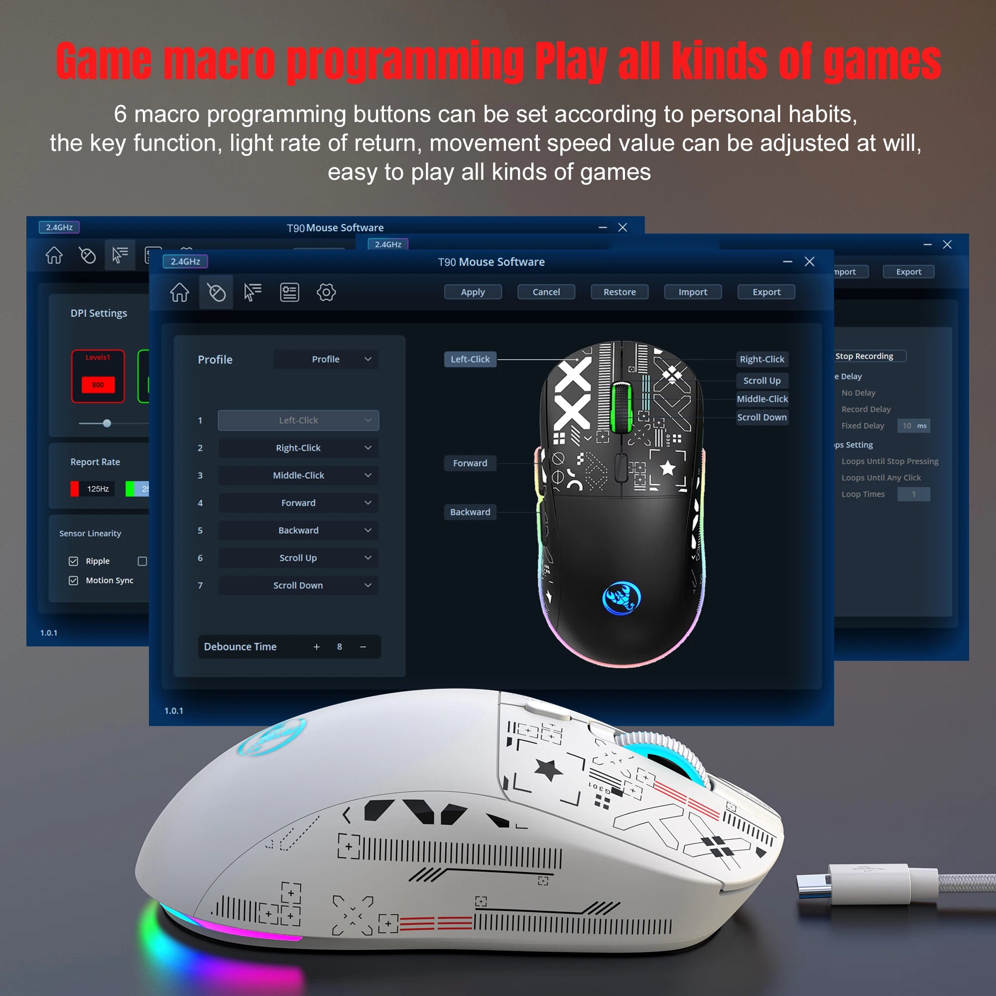 HXSJ-60% Juego de teclado y ratón retroiluminado RGB, teclado con cable de 61 teclas, ratón inalámbrico óptico para juegos de 3 modos para ordenador portátil y PC