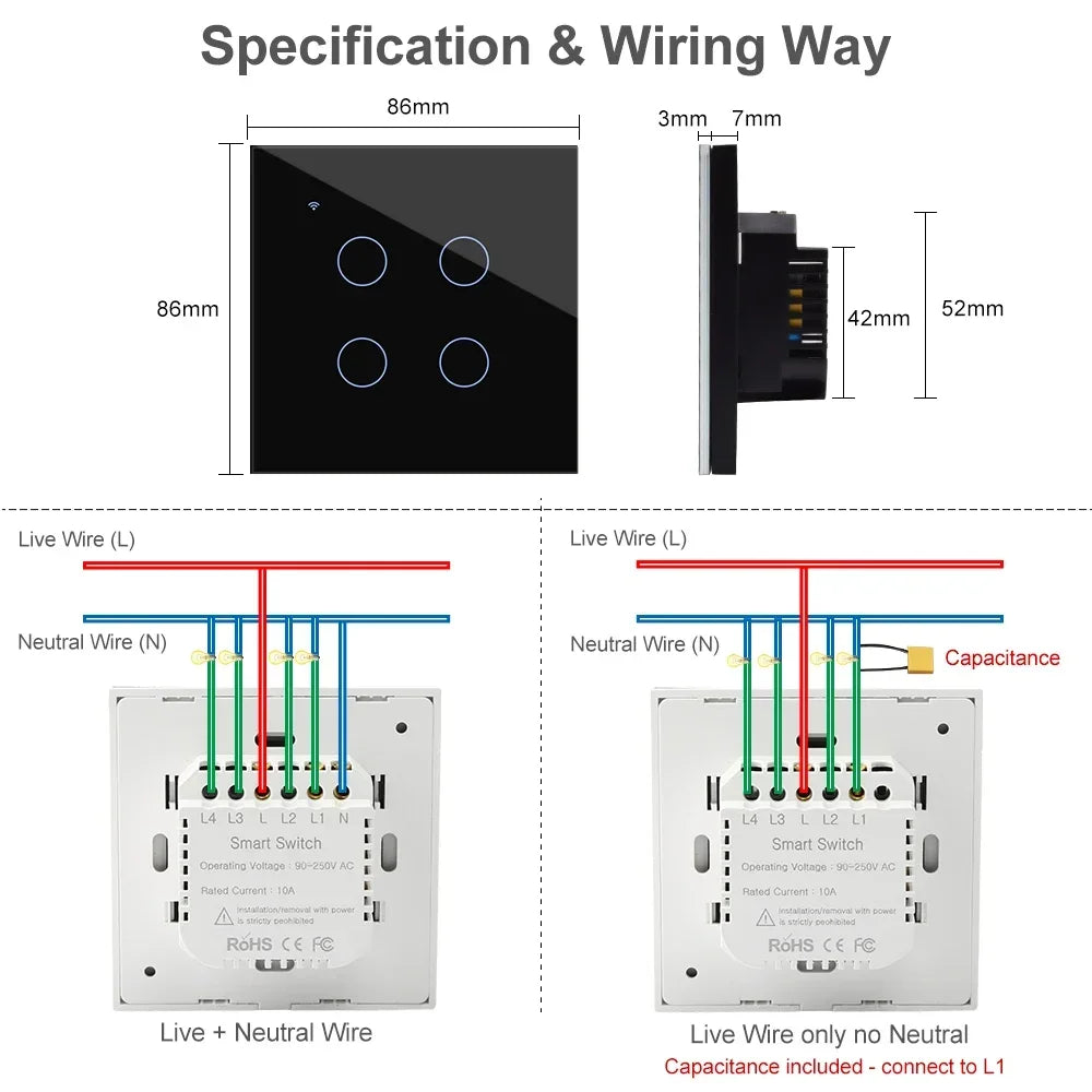 Interruptor inteligente de encendido y apagado con WiFi, dispositivo con botón de encendido de 220V, para pared, Alexa, Google Home, sin cable neutro, UE, dos vías