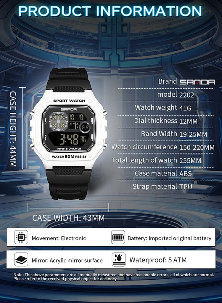 Reloj Digital SANDA 2202 para Hombre, LED Deportivo Impermeable 5 Bar