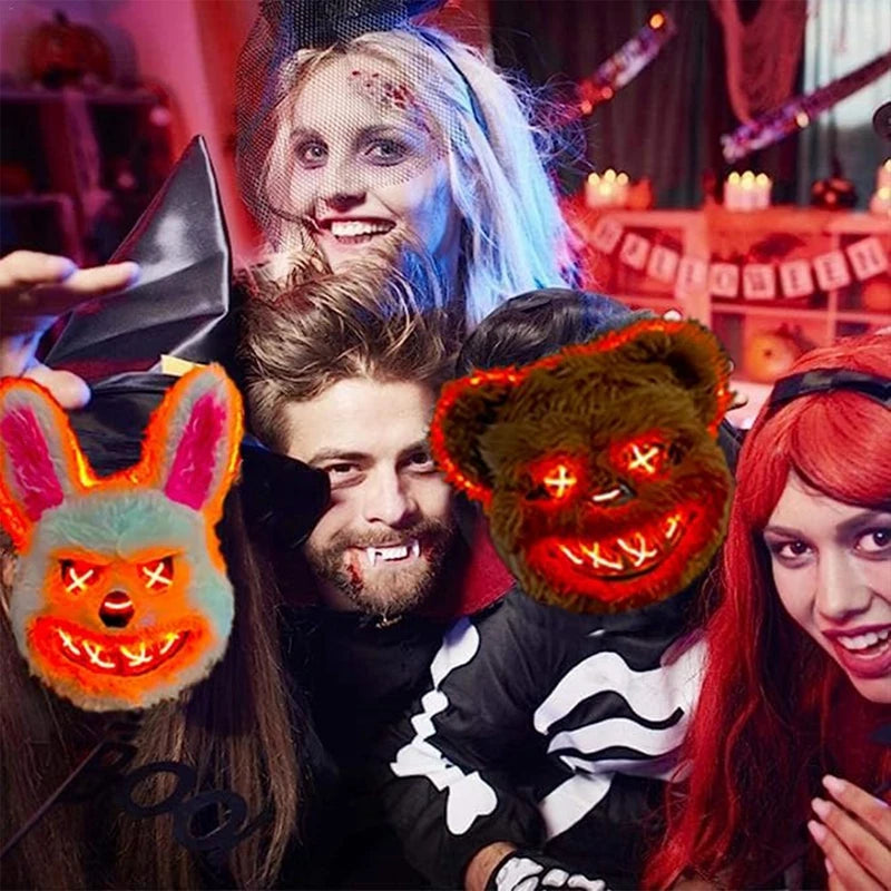 Máscara con brillo LED para Halloween, accesorios de terror, conejo sangriento y oso, simulan la piel, divertido disfraz de Cosplay, decoración de fiesta