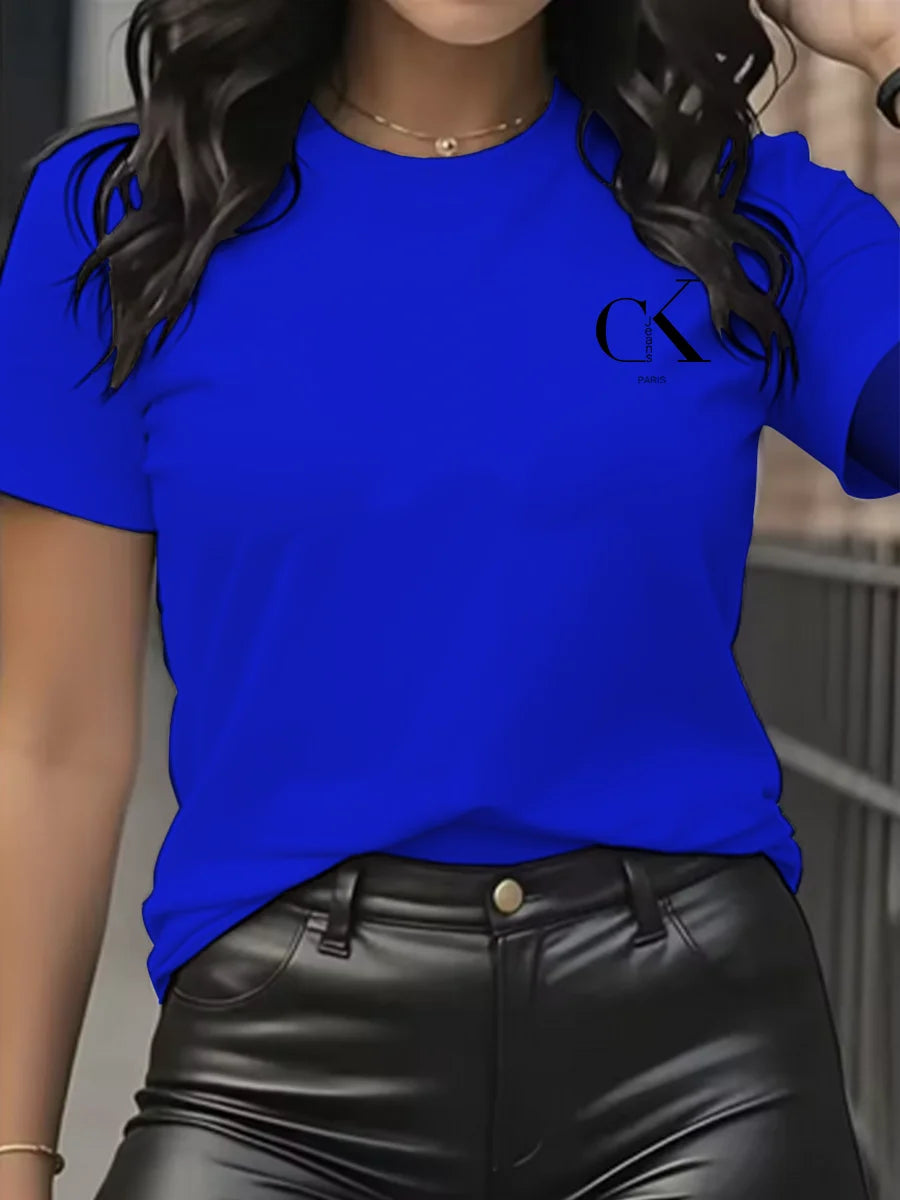 Camiseta con Estampado de Dibujos Animados y Letras Cuello Redondo