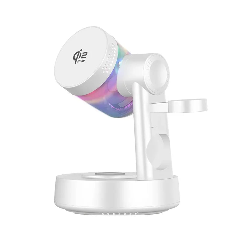 Altavoz Bluetooth QI2 de 25W 5.3 con Cargador Inalámbrico Magnético Rápido de 25W y Reloj Despertador para iPhone 17-12 Pro Max, Apple Watch y Airpods