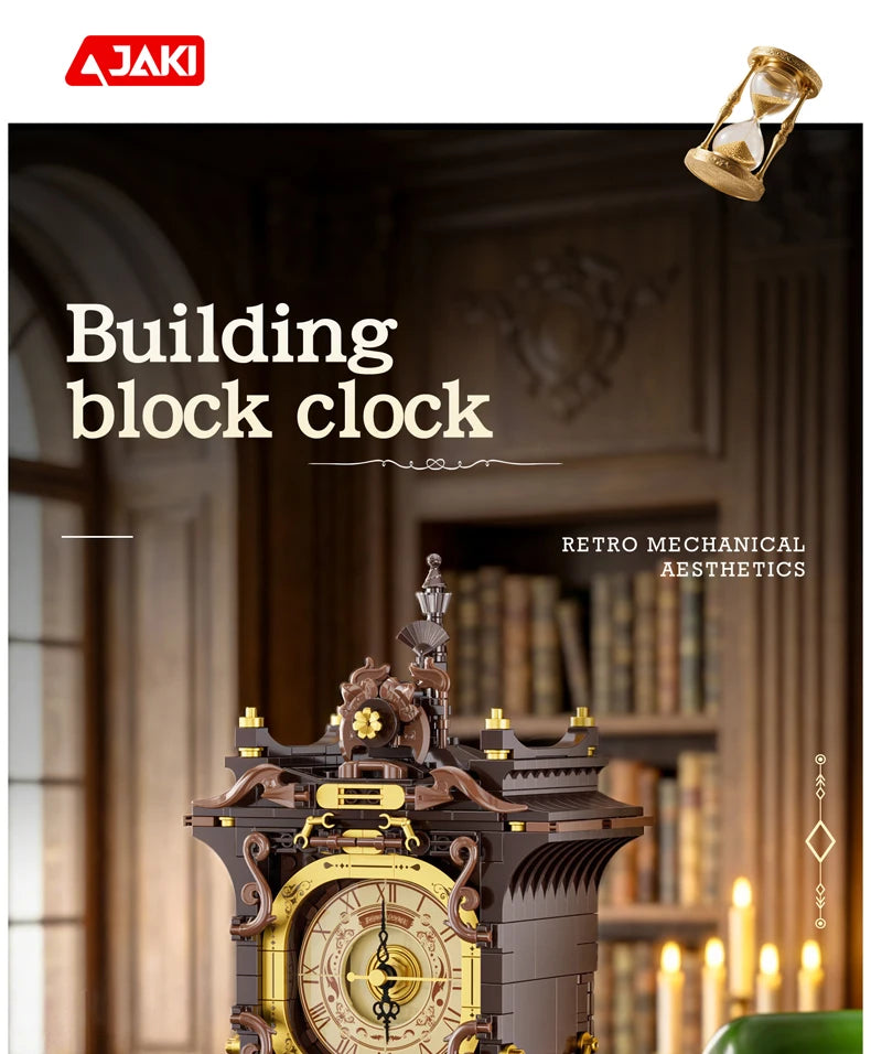 Relojes de bloques de construcción de estilo retro europeo simulados por JAKI, adorno de juguete para sala de estar, juguete educativo de construcción, regalo navideño.