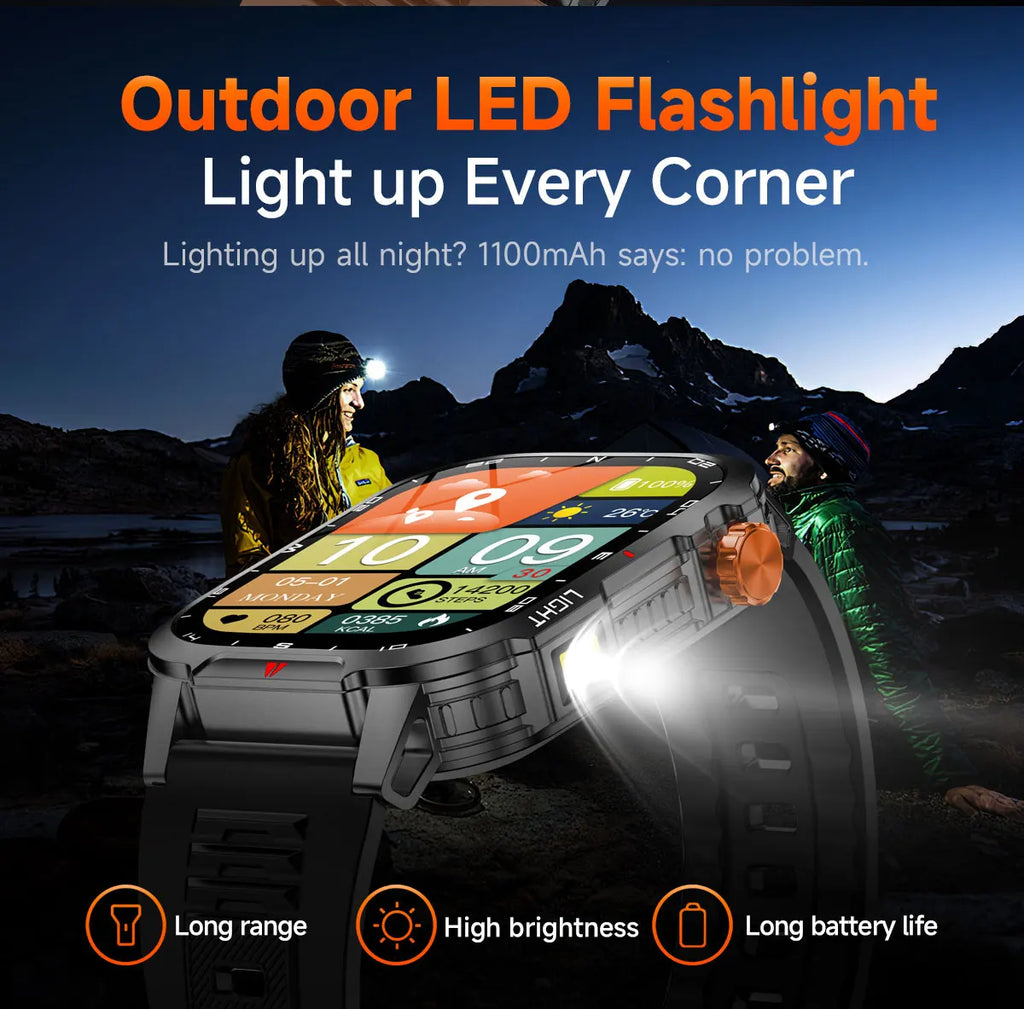 Reloj inteligente de gran tamaño para hombre, iluminación militar para exteriores, batería de 1100Mah, rastreador de Fitness GPS, reloj inteligente de ritmo cardíaco resistente al agua y 10ATM
