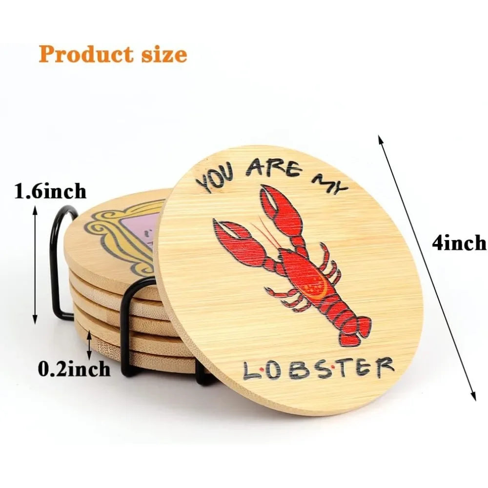 Juego de 6 posavasos de madera con soporte, decoración acogedora para el hogar, diseño de gato y langosta, posavasos decorativos para mesa de comedor
