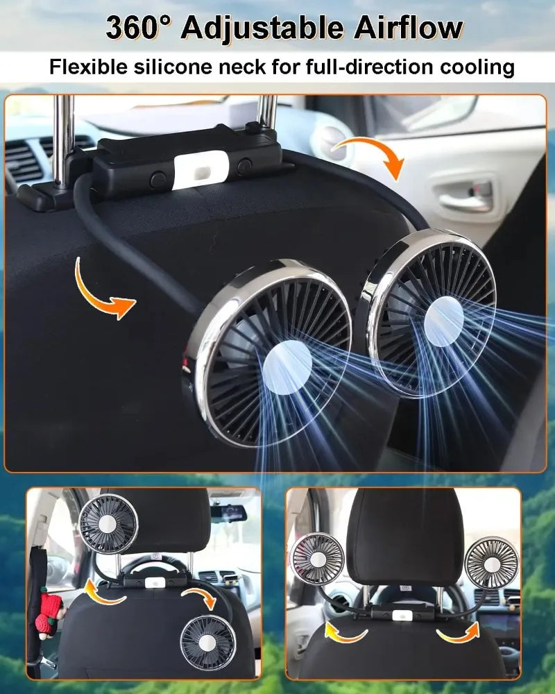Ventilador Doble para Auto CheShan F310 con Luz LED, Manguera Flexible, 360° °   Accesorio de Refrigeración para Asientos de Auto, Multiángulo