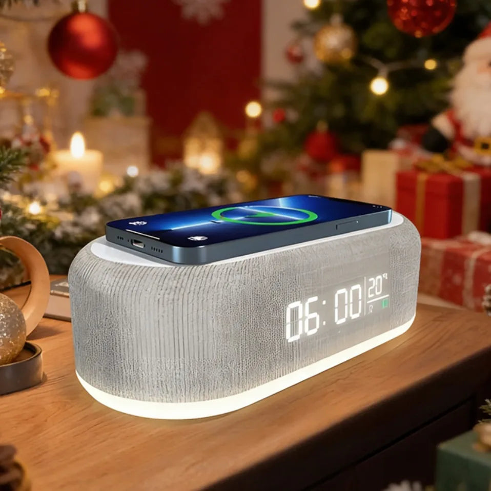 Base de Carga Inalámbrica con Alarma, Lámpara de Noche, Reloj de Escritorio y Termómetro para iPhone 17, 16, 15, 14, 13, con Carga Rápida