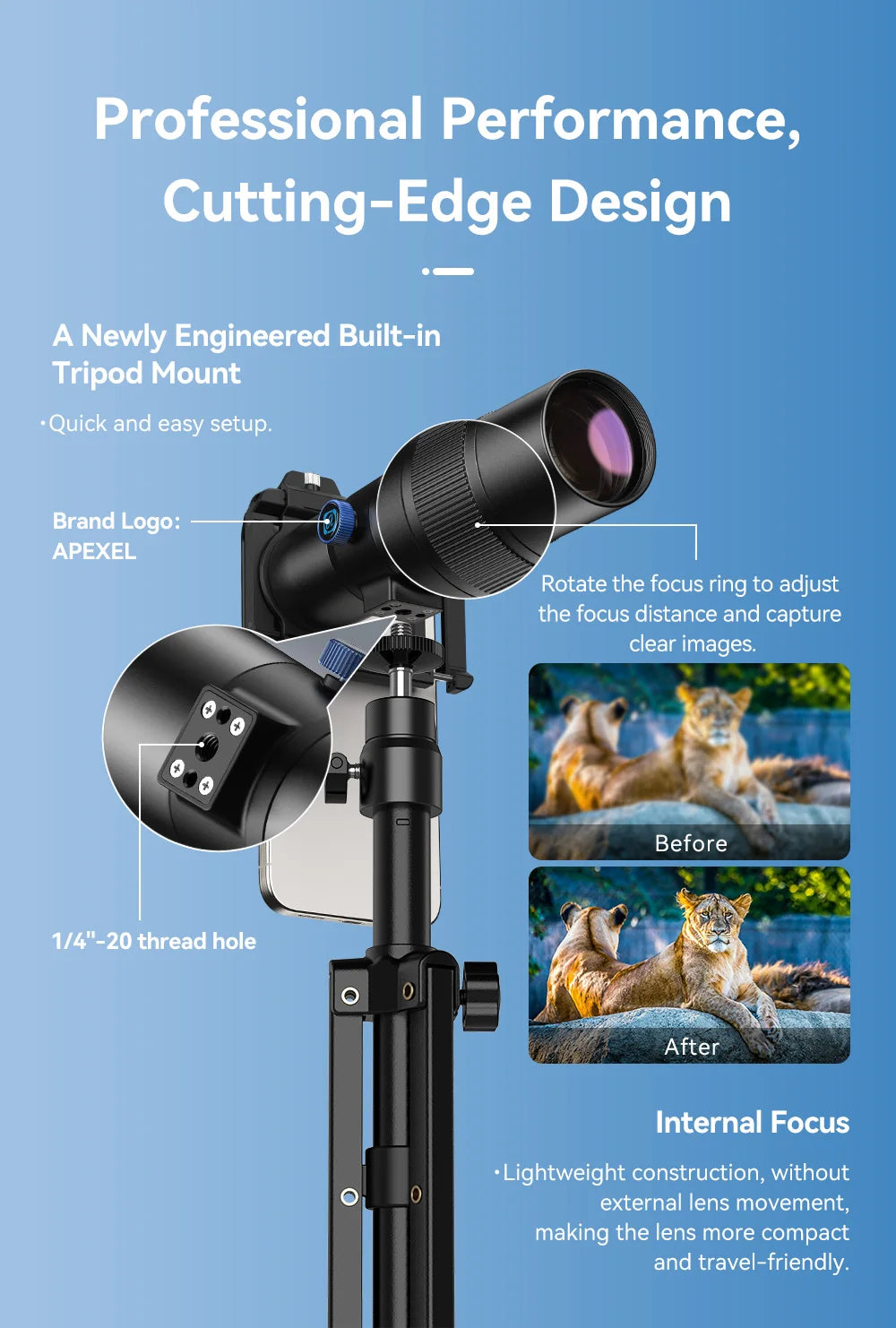 APEXEL Teleobjetivo Monocular 30x con Trípode para Teléfono