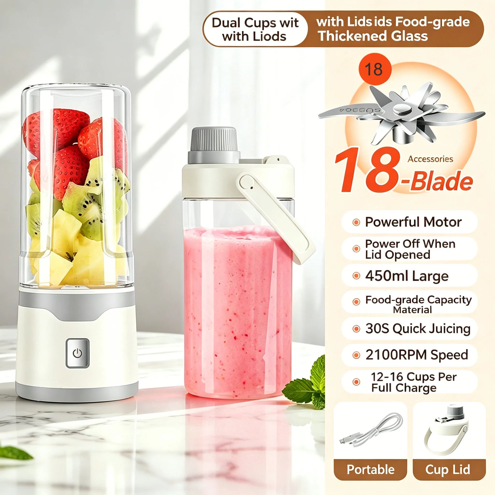 Licuadora Portátil USB con 18 Cuchillas Recargable