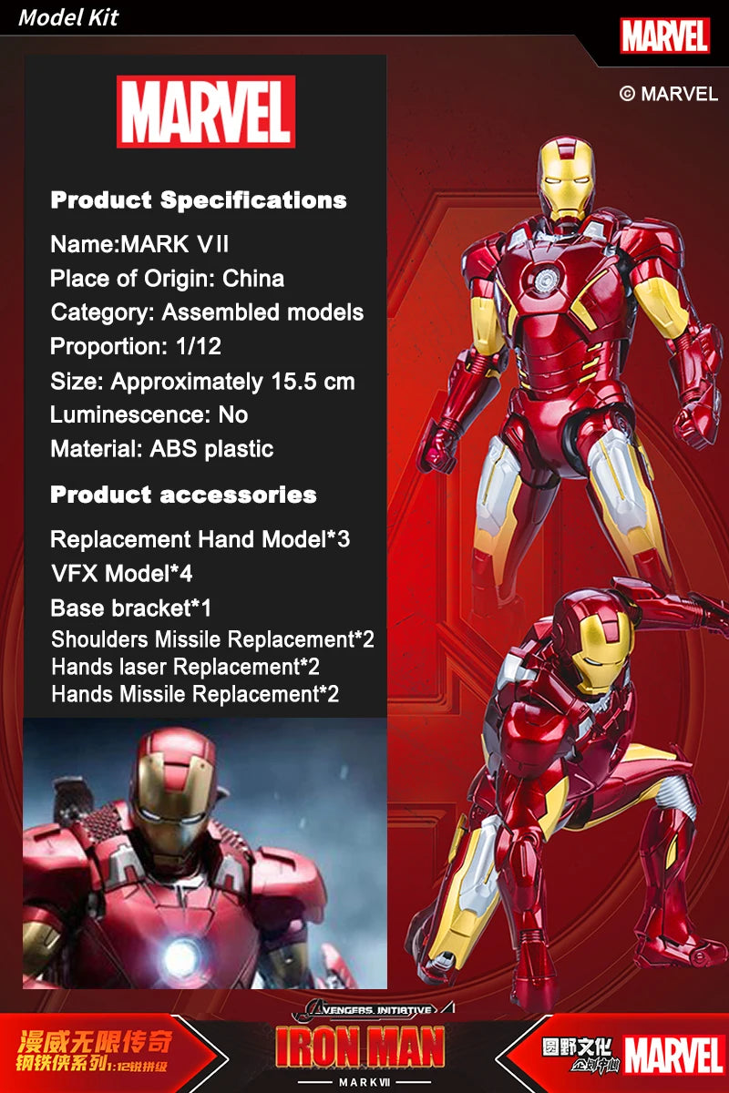 Figura de Anime de Iron Man MK5 de Marvel, Kit de Modelo a Escala 1/12, Serie Infinity Saga, Ironman Mark 5, Ensamblaje ABS, Articulaciones Móviles, Regalos y Juguetes