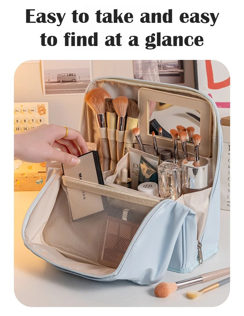 Bolsa de Maquillaje de Viaje para Mujer, Gran Capacidad, Impermeable, Organizador de Cosméticos con Abertura Amplia, Soporte para Brochas Independiente, Fácil Acceso