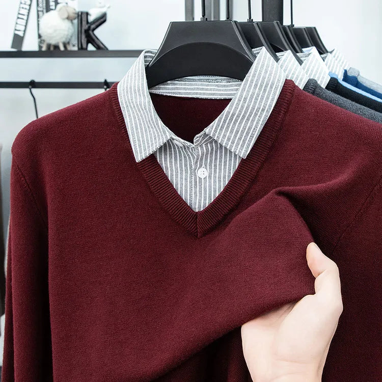 Suéter de punto con cuello de camisa para hombre, azul claro (6 colores), diseño falso de dos capas, estilo informal de negocios    Ajuste elástico y cómodo