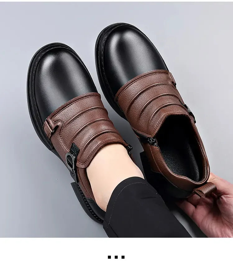 Mocasines con hebilla y cremallera para hombre, cuero genuino, tacón cuadrado