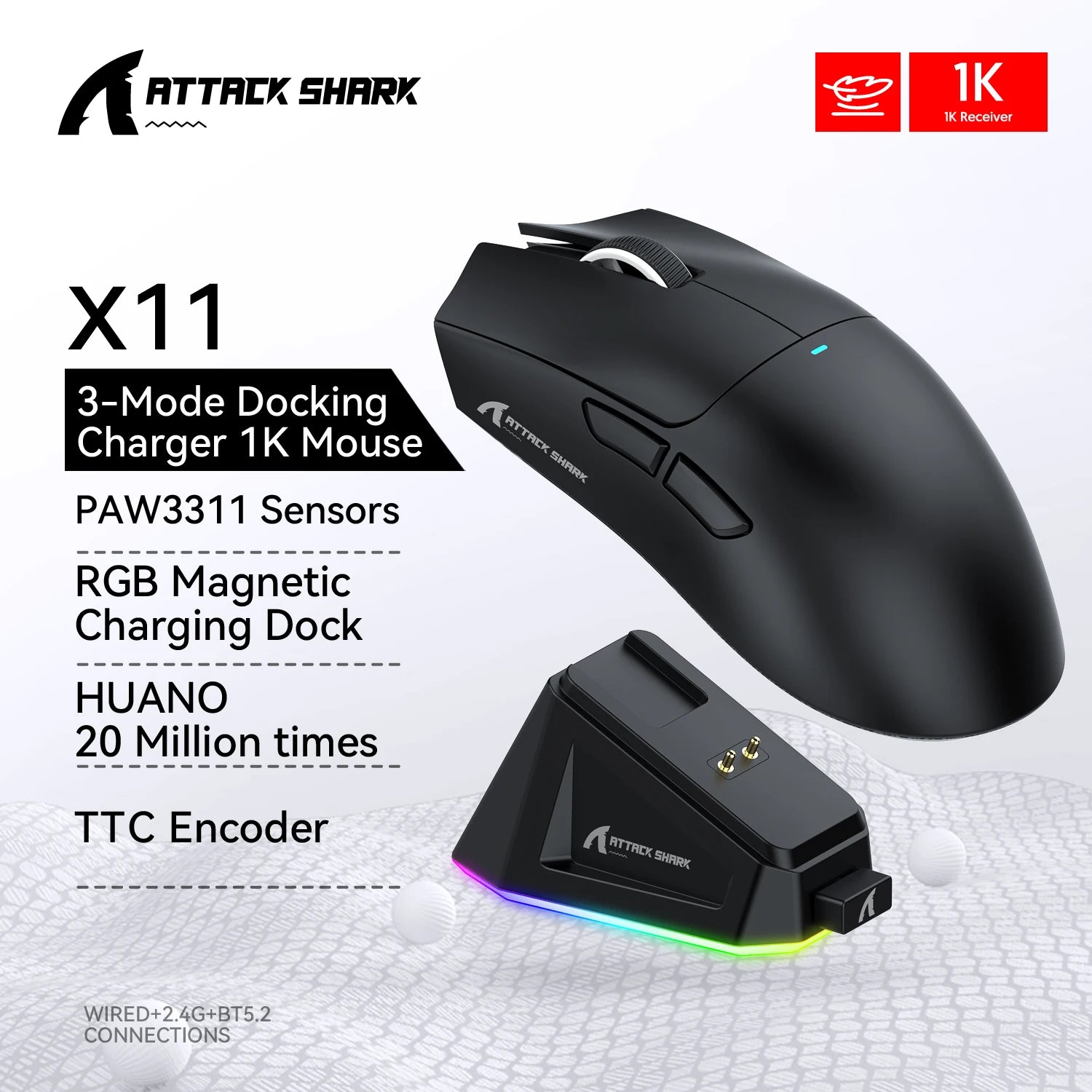 Ratón inalámbrico Bluetooth Attack Shark X11, tres modos, 2,4G, PAW3311, RGB, base de carga magnética para PC, ratón para juegos de deportes electrónicos