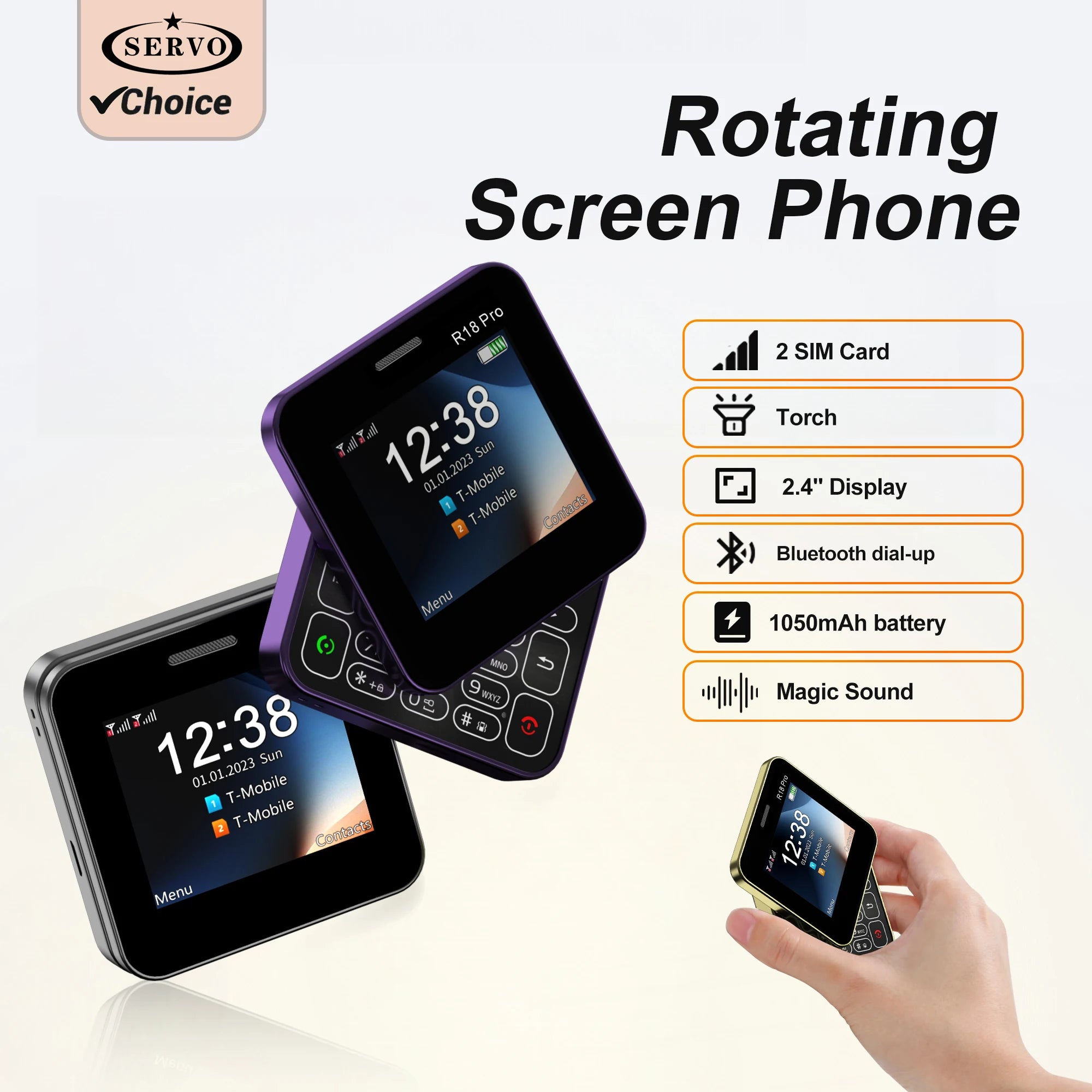 SERVO R18 Pro pantalla giratoria Mini teléfono móvil 2 SIM marcación de velocidad lista negra antorcha de voz mágica 2,4 "pantalla deslizante de botón teléfono móvil
