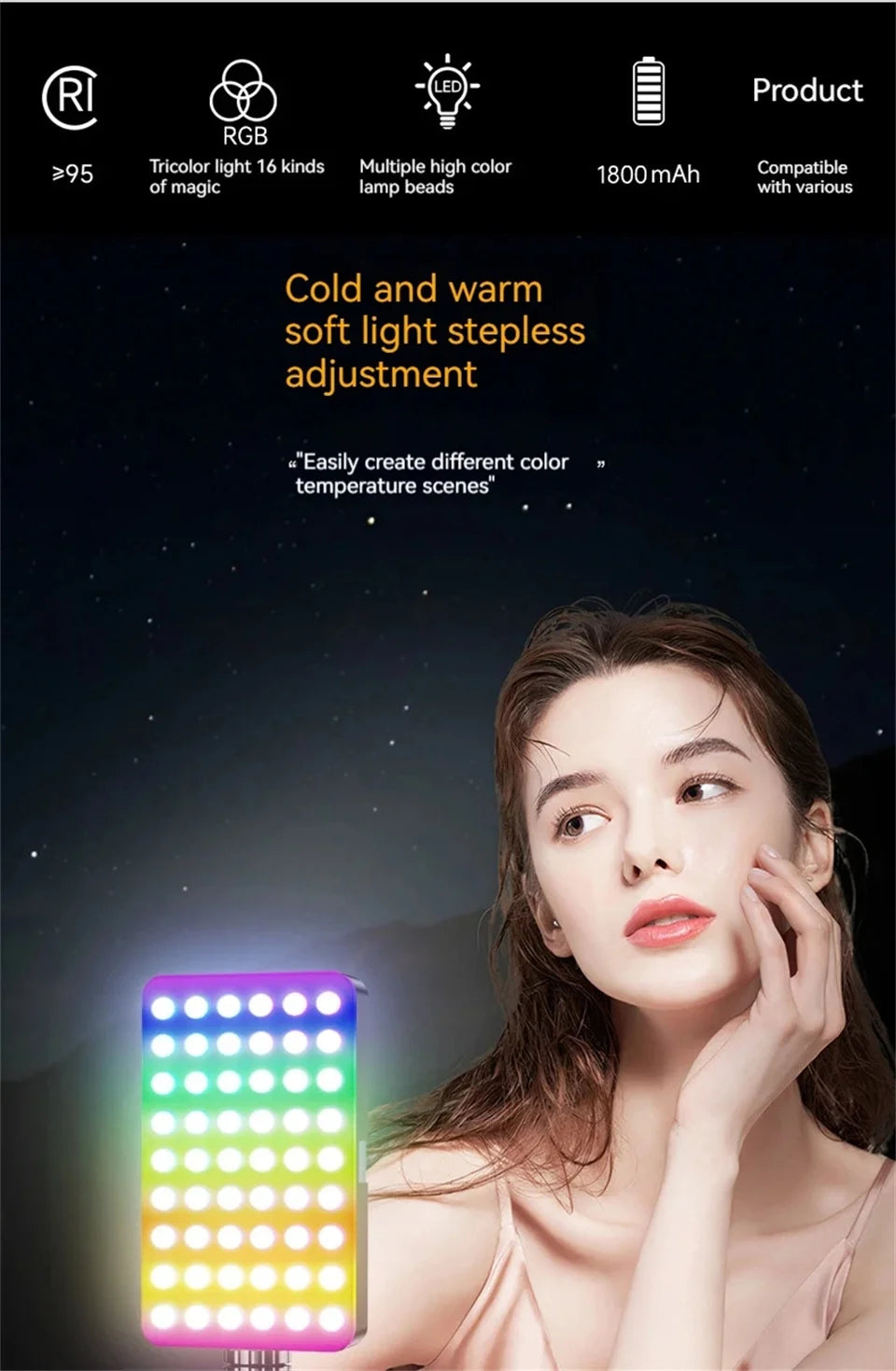 Luz LED RGB para cámara, Kit de luz de vídeo con salida a todo Color, regulable, 2700K-6500K, Panel de luz bicolor CRI 95+, recargable, 1800mAh