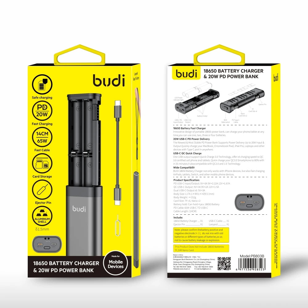 Cargador Rápido de Baterías Budi 18650, Banco de Energía PD de 20W con Herramienta de Extracción de Agujas y Almacenamiento para Tarjetas SIM/TF