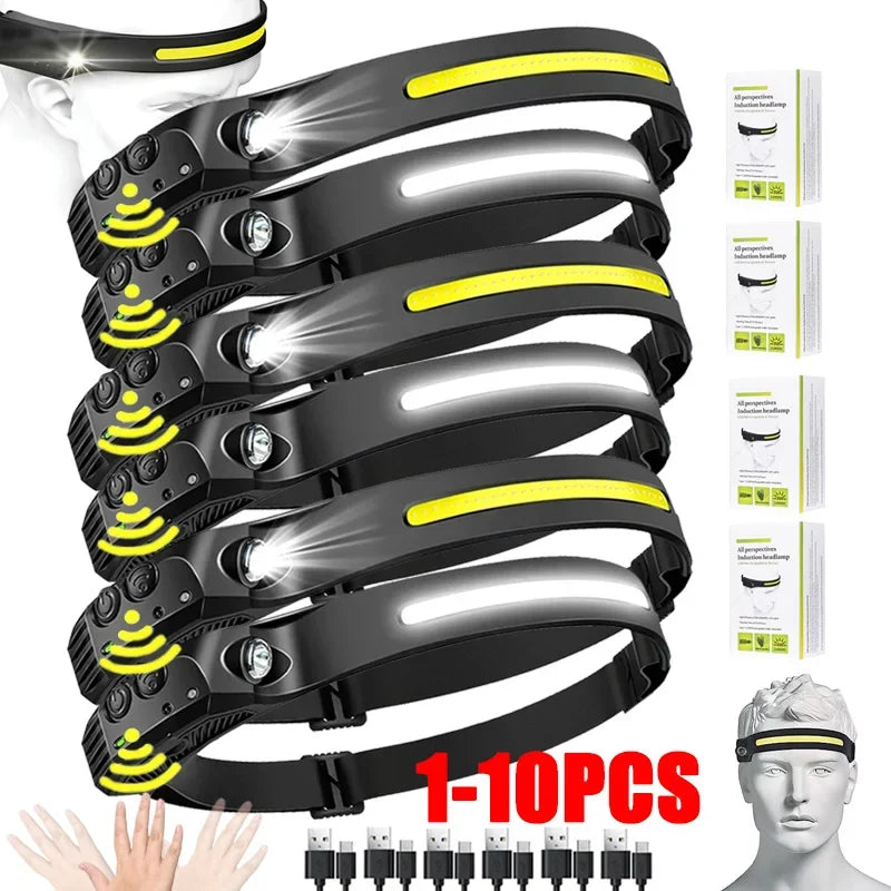 Linterna frontal con Sensor, linterna LED recargable por USB XPE + COB, linterna impermeable para acampar, linterna de pesca, 1/2/3/4/5/8/10 Uds.
