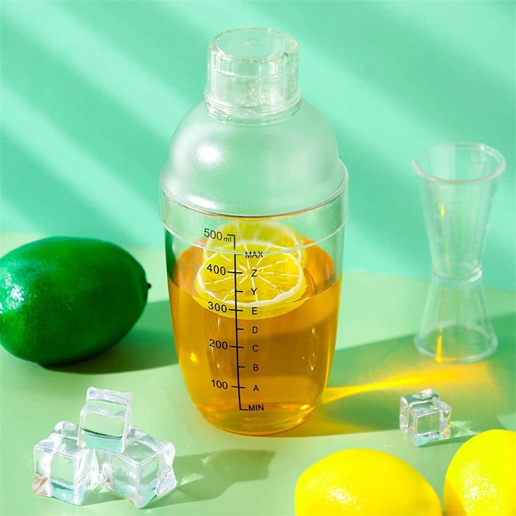LMETJMA-Juego de coctelera de plástico, mezclador de bebidas con marcador, coctelera transparente y Jigger de medición, taza de onza JT25