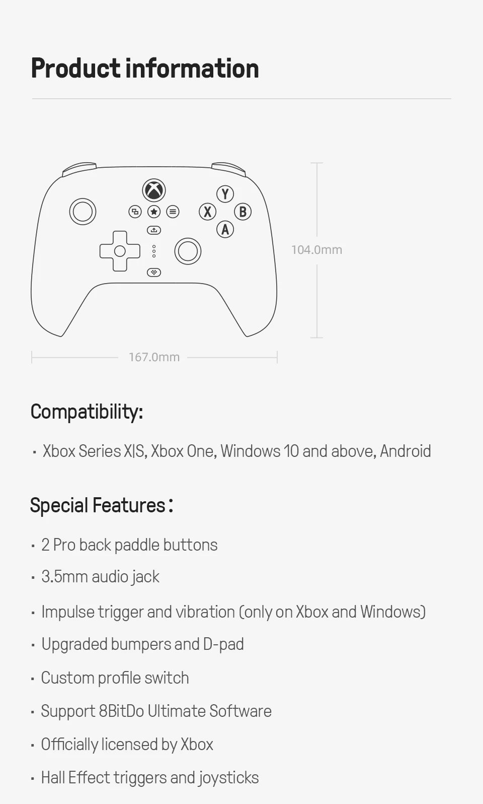 Controlador de juegos 8BitDo Ultimate de 3 modos para Xbox Series X | S, Xbox One Windows y Android Pulsadores de efecto Hall
