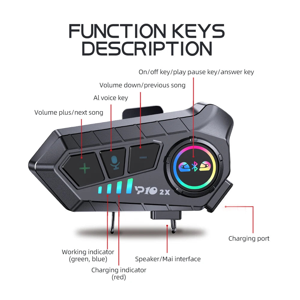 Kebidumei YP10 2X inalámbrico Bluetooth 5,3 motocicleta casco intercomunicador auriculares impermeable 300 m Intercomunicador altavoz auricular