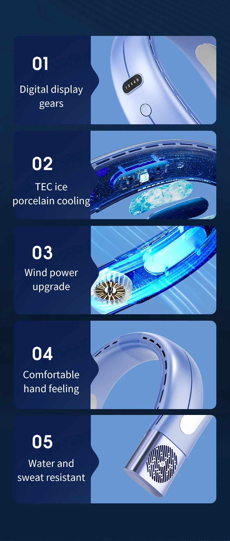 Ventilador de cuello Mini aire acondicionado portátil, Enfriador de aire recargable por USB, 5 velocidades, ventilador eléctrico para exteriores, 5000mAh