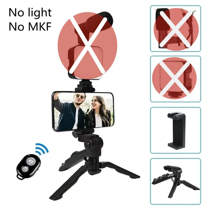 Kit de vlogging para teléfono inteligente con trípode, soporte para teléfono, Mini micrófono, luz de relleno LED, arrancador para transmisión en vivo, vídeo, YouTube