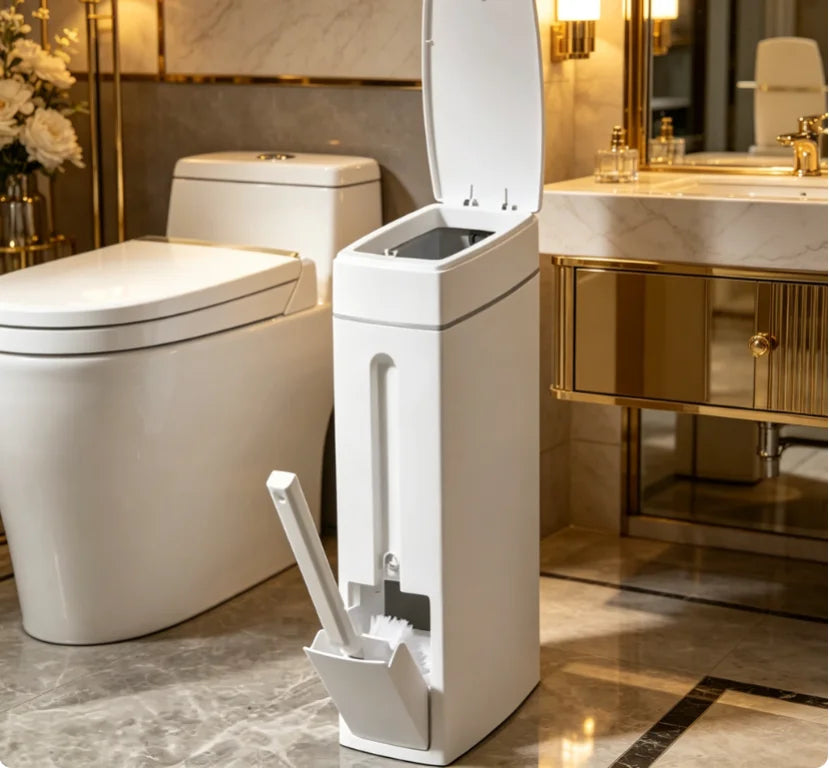 Cubo de basura para baño con escobilla para inodoro y tapa, compacto
