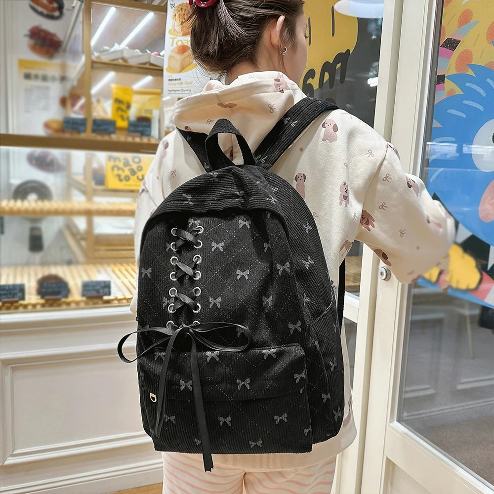 Mochila de Ocio, Mochila de Pana con Lazo para Primavera y Verano, Mochila de Gran Capacidad Estilo Universitario, Mochila para Viajar al Trabajo