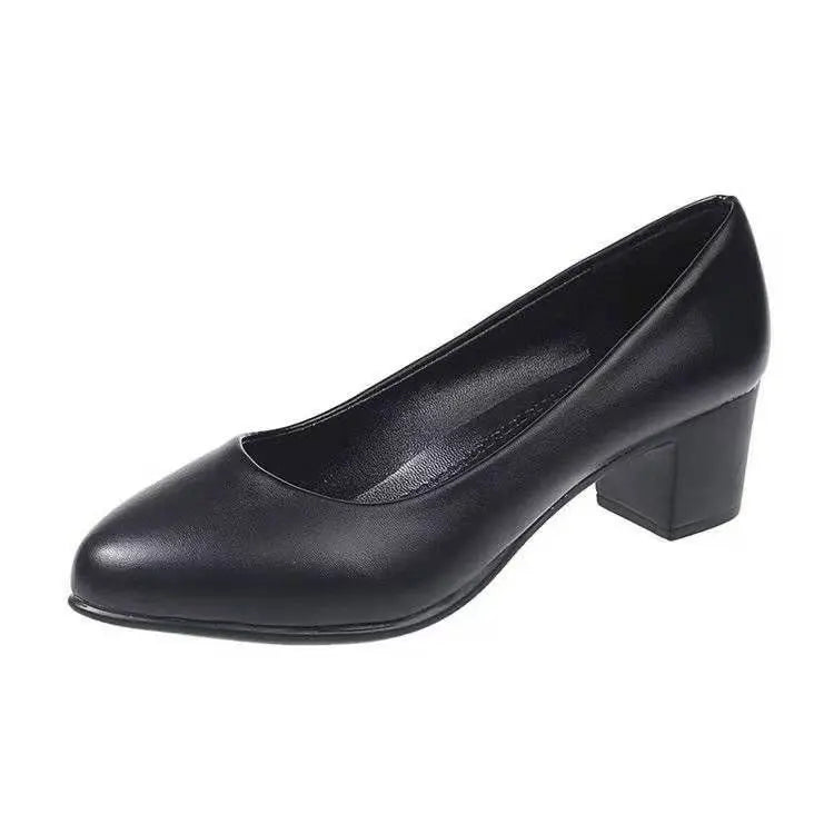 Zapatos de tacón bajo para mujer, zapatos formales de cuero genuino negro, sin cordones, cómodos, de tacón medio, novedad de 2025