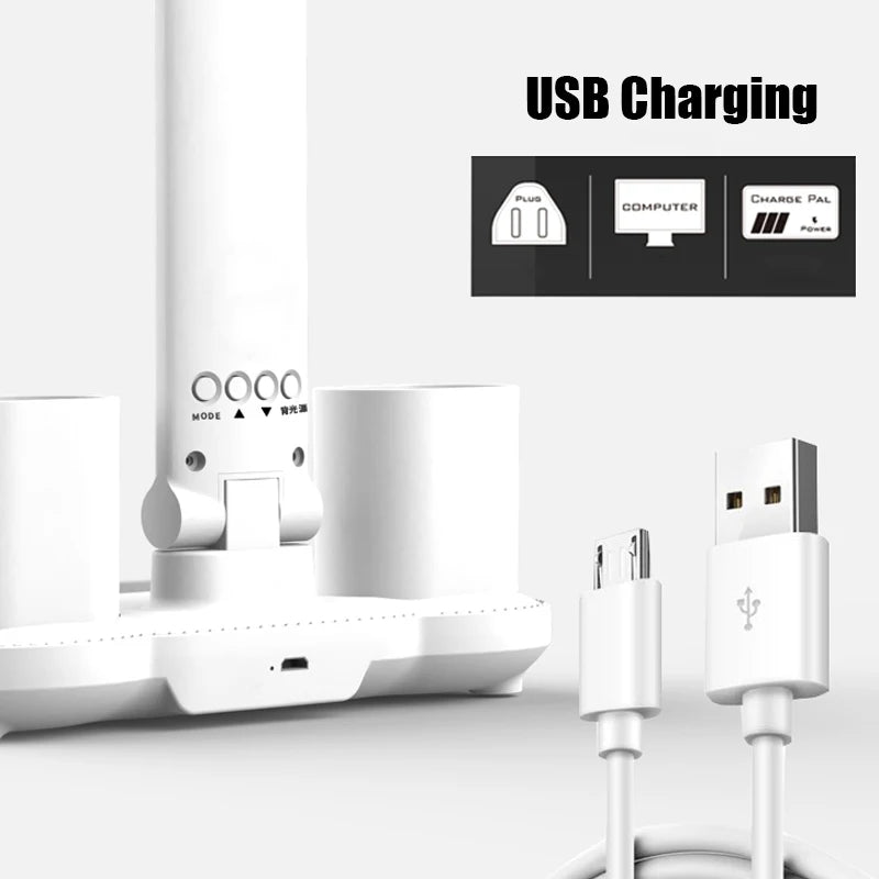 Lámpara de escritorio multifuncional 3 en 1, lámpara LED de escritorio plegable de cuatro cabezales con ventilador, calendario, reloj, lámpara de escritorio de oficina de lectura recargable por USB