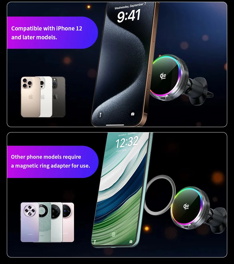 Soporte Magnético para Teléfono con Cargador Inalámbrico Qi2 de 25W, Refrigeración por Aire y Luz RGB, para iPhone Magsafe 17~12 Pro Max, Base de Carga Rápida
