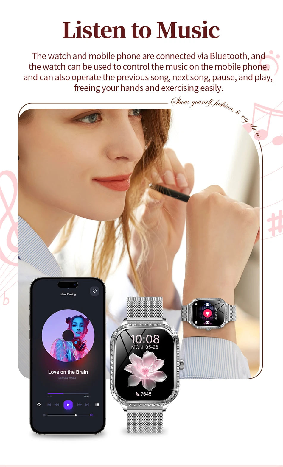 Smartwatch para mujer con pantalla HD 1.75'', llamadas Bluetooth y monitor de salud IP68