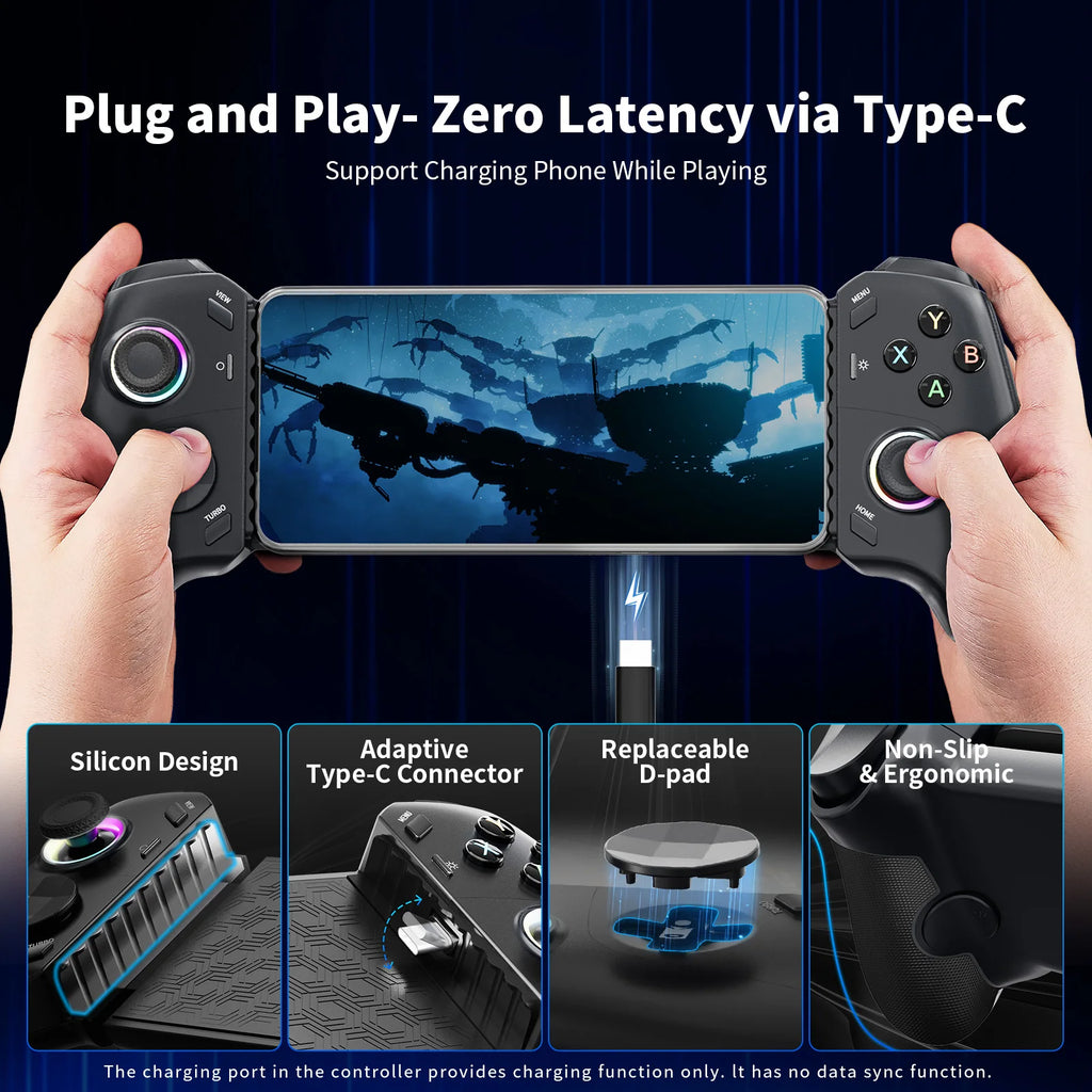 AceGamer Gamepad tipo C controlador de juegos móvil para iPhone 15 Series/Android, controlador de teléfono de estiramiento con joys de efecto Hall