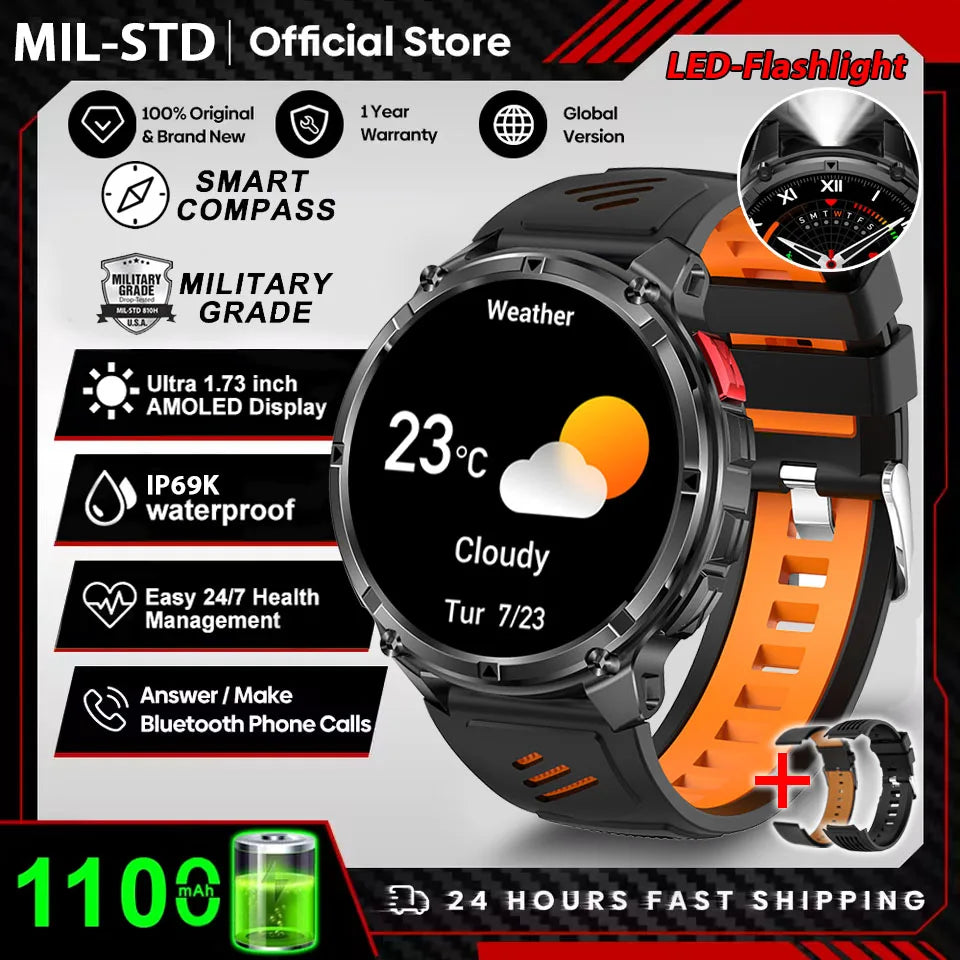 Reloj Inteligente AMOLED 1100mAh con Linterna LED, IP69 y Llamadas Bluetooth