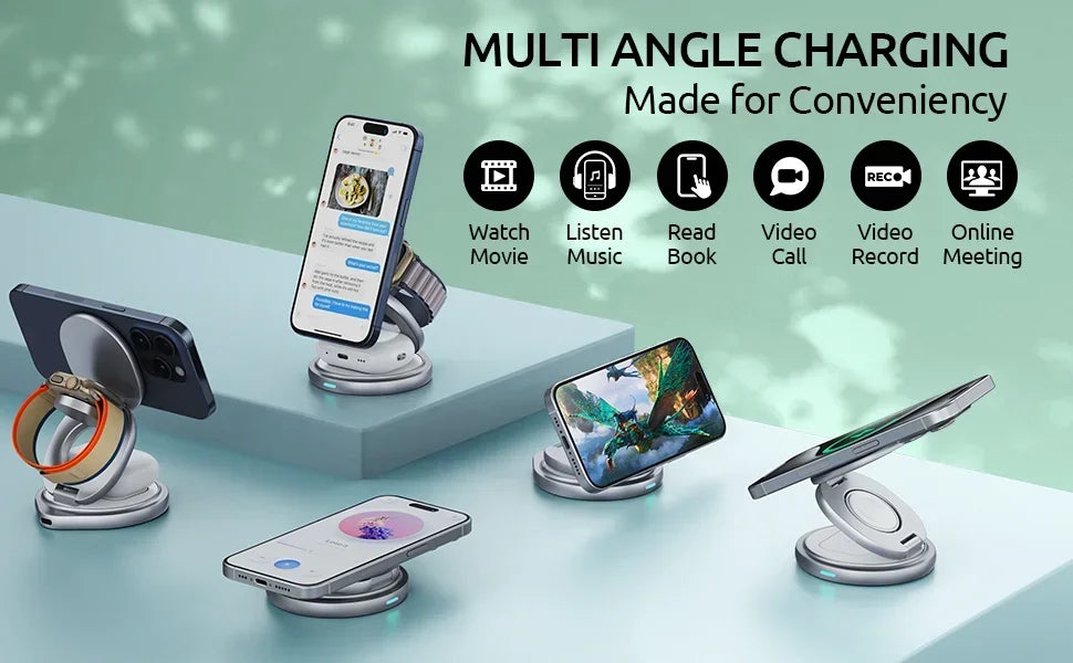 Cargador Inalámbrico Magnético de Aleación de Zinc para Magsafe iPhone 17~12 Pro Max, Apple Watch 11-2, Airpods Pro 4/3/2, Estación de Carga Rápida