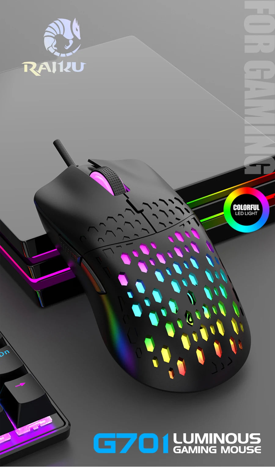 RAIKU G701-ratón con cable de 6 teclas, Mouse con iluminación colorida para juegos y oficina para Microsoft Windows y Apple IOS System