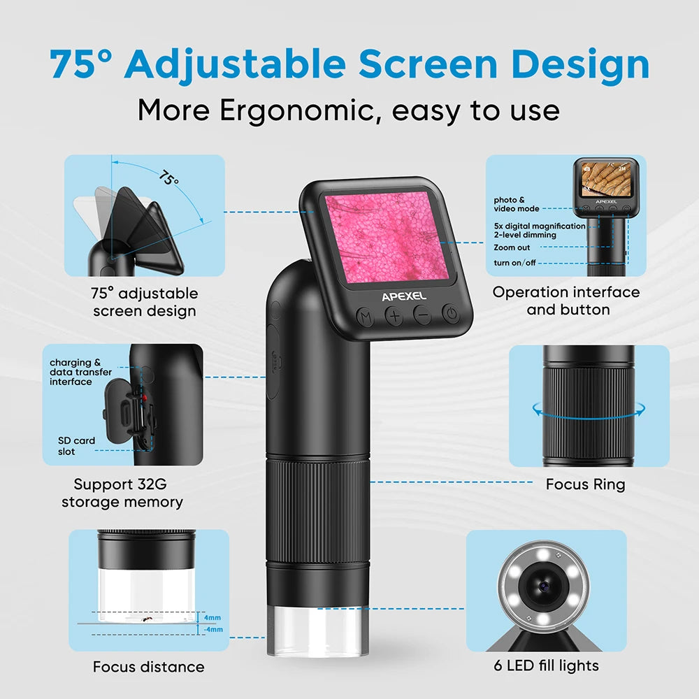 Microscopio Digital APEXEL 400-800X con Pantalla LCD y Luz LED