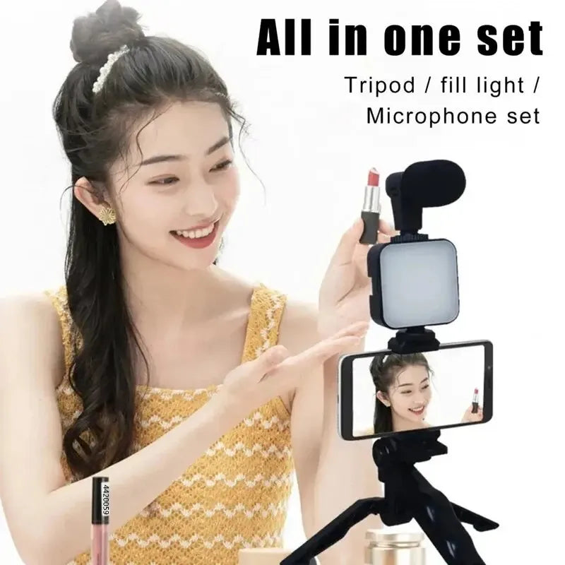 Kit de vlogging para teléfono inteligente con trípode, soporte para teléfono, Mini micrófono, luz de relleno LED, arrancador para transmisión en vivo, vídeo, YouTube
