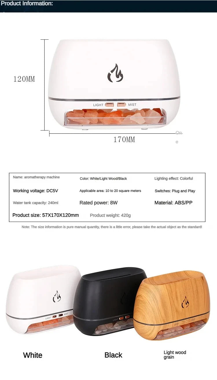 Nuevo Humidificador de aire con Aroma de fuego y llama 3D, piedra de sal de cristal del Himalaya, luz nocturna colorida, difusor de aceite esencial de aromaterapia