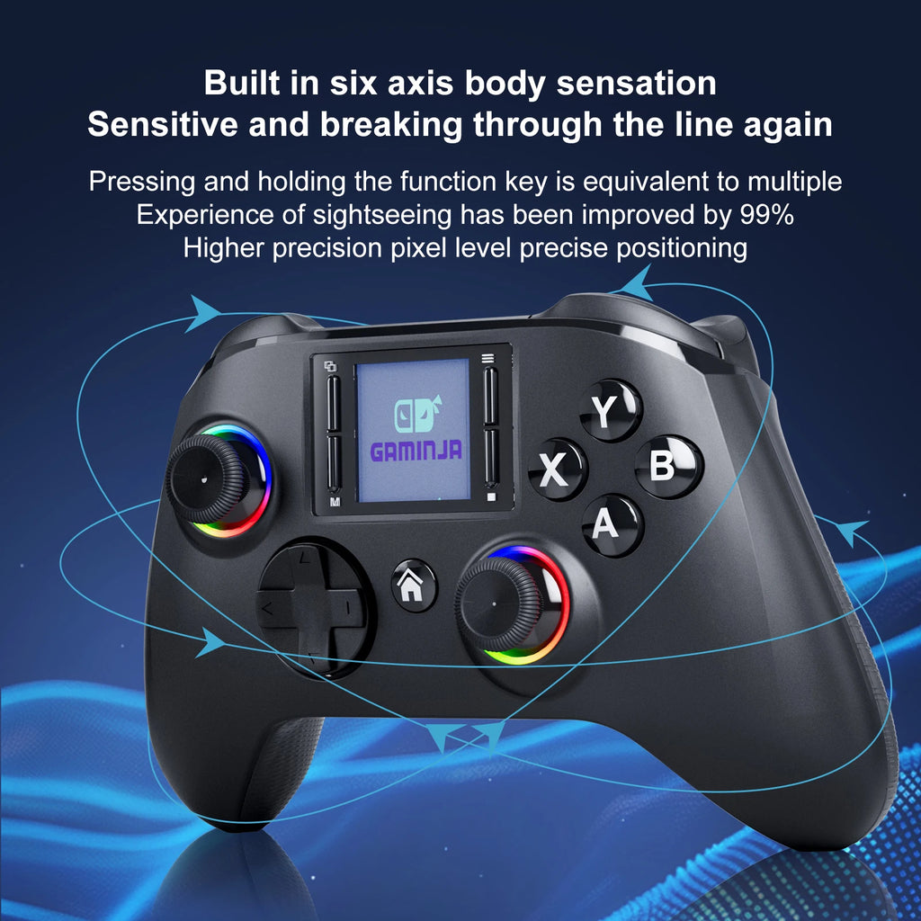 GAMINJA 6162 controlador inalámbrico de pantalla inteligente de 1,44 pulgadas para Switch P4 iOS Android PC TV doble Hall Joystick calibración luz RGB