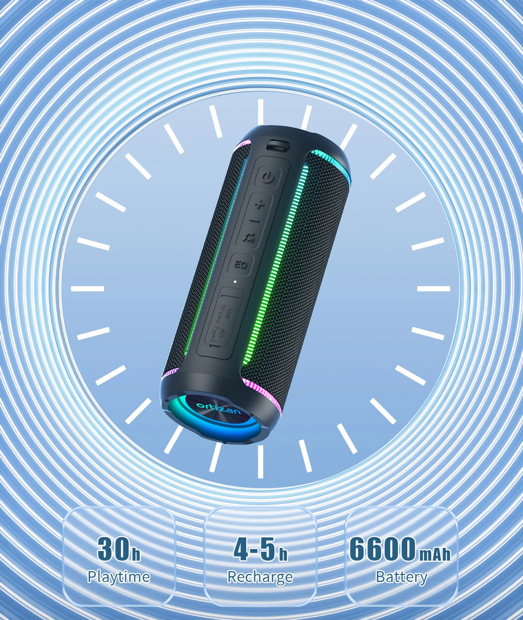 Ortizan X30 Altavoces Bluetooth portátiles Bass Boost 40W Potente altavoz inalámbrico IPX7 resistente al agua con batería de 6600mAh USB/TF/AUX