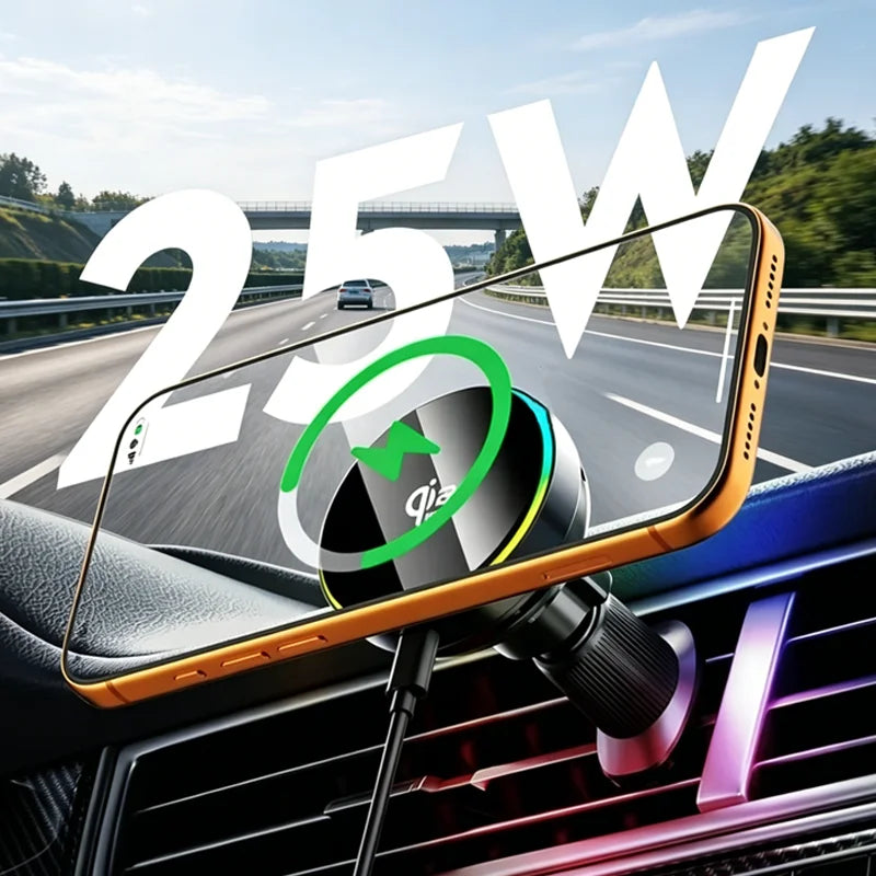 Cargador Magnético para Coche Qi2 de 25W con Luz RGB, Soporte para Rejilla de Ventilación con Carga Rápida y Refrigeración para iPhone 17 Pro Max