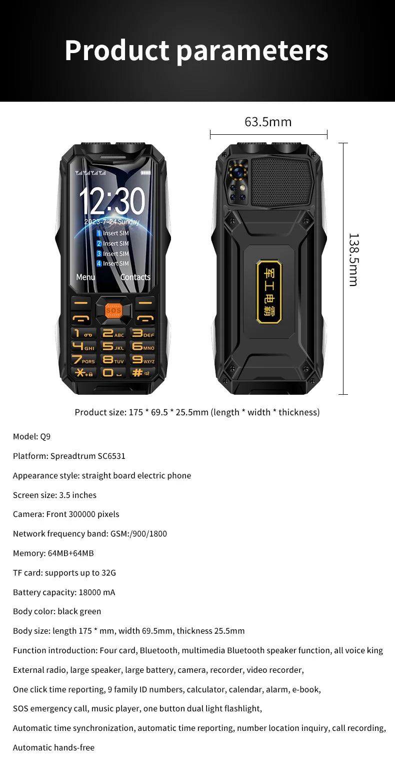 Teléfono móvil de red Q9 GSM 2G, 4 tarjetas SIM, barra resistente, pantalla HD de 3,5 pulgadas, batería grande, voz fuerte para personas mayores