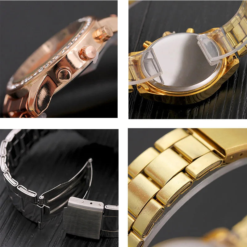 Reloj dorado para mujer Geneva, reloj clásico de acero inoxidable para mujer, relojes de cuarzo con diamantes de imitación a la moda, reloj de pulsera para mujer y niña