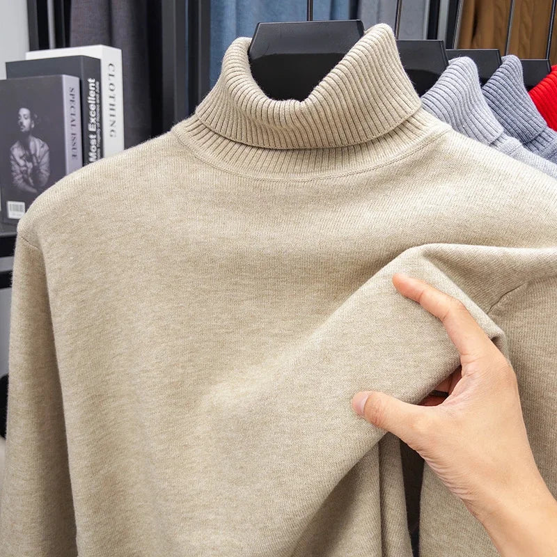 Otoño para hombre de alta calidad de punto suéter de cuello alto ajustado de manga larga anti-pilling jersey Color sólido tendencia hombres Streetwea