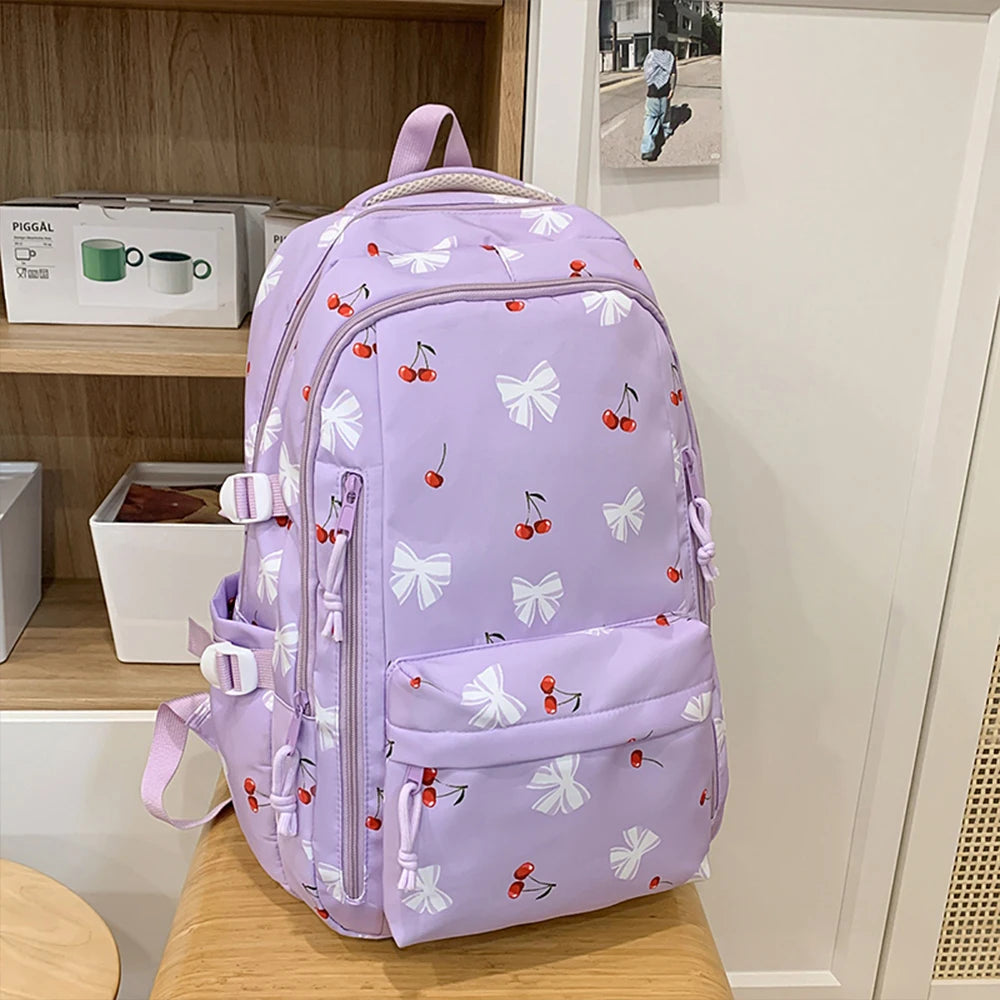 Mochila de Nailon con Estampado de Cerezas, Ligera y Resistente