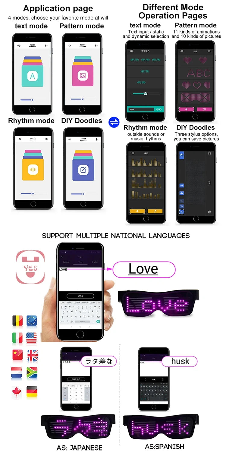 Gafas LED, Control por aplicación Bluetooth Pantalla LED Gafas inteligentes Gafas funky DIY recargables por USB para fiesta, club, DJ, Halloween